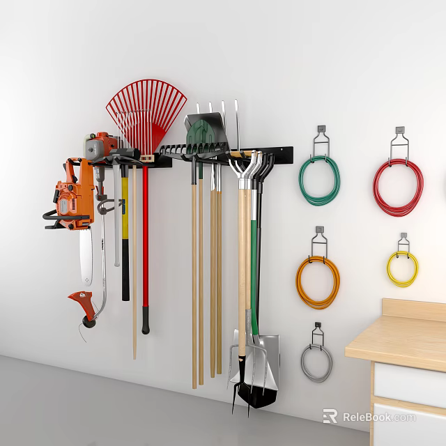 Wall Mounted Hardware Tools Organizer With Rake Shovel Chainsaw Hoses And Hooks 3d model