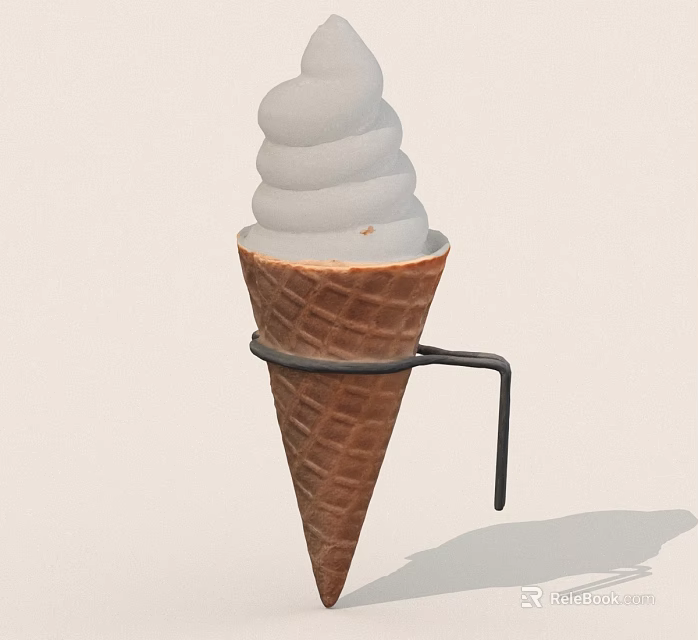 Creamy White Ice Cream In Brown Waffle Cone With Metal Holder Stand 3d model 