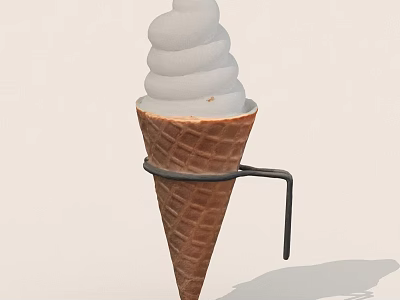 Creamy White Ice Cream In Brown Waffle Cone With Metal Holder Stand 3d model