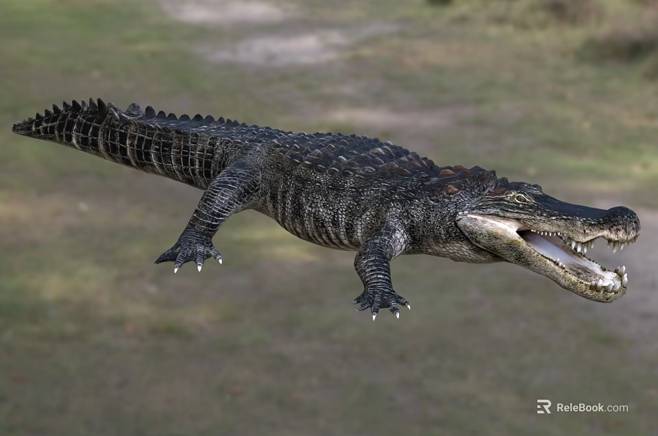Large Aquatic Crocodile With Open Mouth And Scaly Skin In Natural Wetland Habitat 3d model 