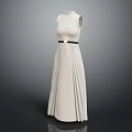 Off White High Neck Sleeveless Dress With Black Belt Waist And Pleated Skirt