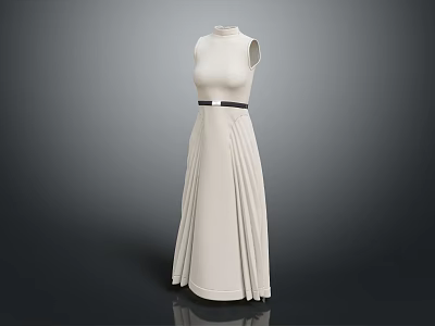 Off White High Neck Sleeveless Dress With Black Belt Waist And Pleated Skirt 3d model