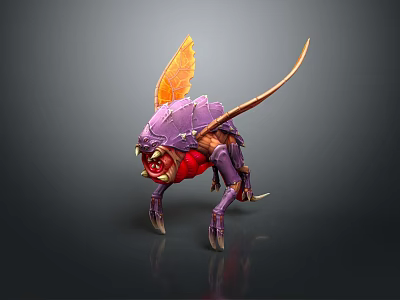 Fantasy Creature Game Movie Character With Purple Exoskeleton Orange Wings Red Head Long Legs Tail 3d model