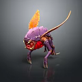 Fantasy Creature Game Movie Character With Purple Exoskeleton Orange Wings Red Head Long Legs Tail