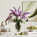 Decorative Ornament Set with Vase Purple White Bouquet Tea Set Fruit Tray Books and Painting