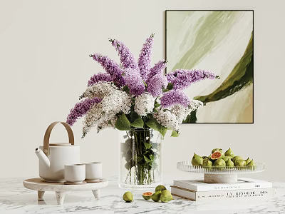 Decorative Ornament Set with Vase Purple White Bouquet Tea Set Fruit Tray Books and Painting 3d model