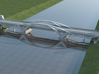 Modern Curved Bridge Design Spanning River With Grass Banks And Water Reflection 3d model