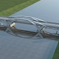 Modern Curved Bridge Design Spanning River With Grass Banks And Water Reflection