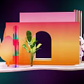Modern Geometric Art Installation With Pink Arch Golden Strips And Green Plants