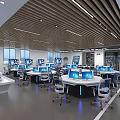 Modern Monitoring Room Interior With Multiple Computer Monitors Workstations And Blue Lighting