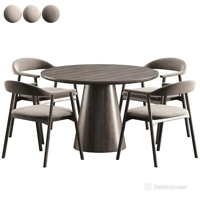 Modern Round Dark Wood Dining Table With Four Gray Upholstered Chairs 3d model