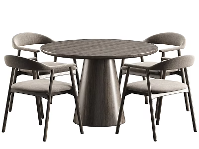 Modern Round Dark Wood Dining Table With Four Gray Upholstered Chairs 3d model
