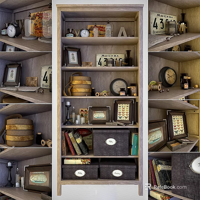 Vintage Bookcase Decorated With Framed Pictures Clocks Books And Wooden Boxes 3d model 