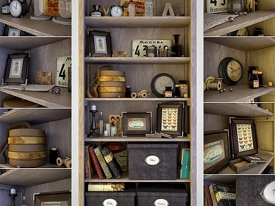 Vintage Bookcase Decorated With Framed Pictures Clocks Books And Wooden Boxes 3d model