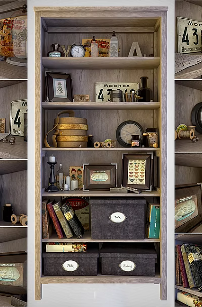 Vintage Bookcase Decorated With Framed Pictures Clocks Books And Wooden Boxes 3d model