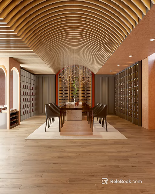 Luxury Clubhouse Interior With Arched Wooden Ceiling Decorative Chandelier Wine Racks And Long Dining Table 3d model 