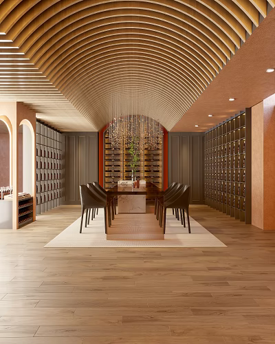 Luxury Clubhouse Interior With Arched Wooden Ceiling Decorative Chandelier Wine Racks And Long Dining Table 3d model