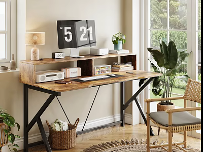 Rustic Wooden Office Desk With Black Metal Frame Monitor Digital Clock Table Lamp And Potted Plants 3d model