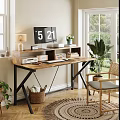 Rustic Wooden Office Desk With Black Metal Frame Monitor Digital Clock Table Lamp And Potted Plants