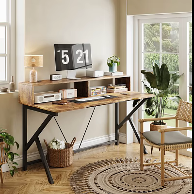 Rustic Wooden Office Desk With Black Metal Frame Monitor Digital Clock Table Lamp And Potted Plants 3d model
