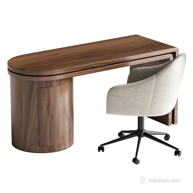 Modern Walnut Wood Desk With Cylindrical Legs And Light Gray Rolling Fabric Chair 3d model 