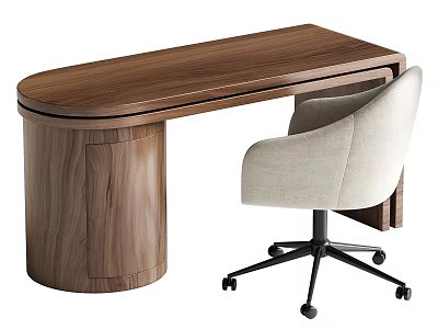 Modern Walnut Wood Desk With Cylindrical Legs And Light Gray Rolling Fabric Chair 3d model