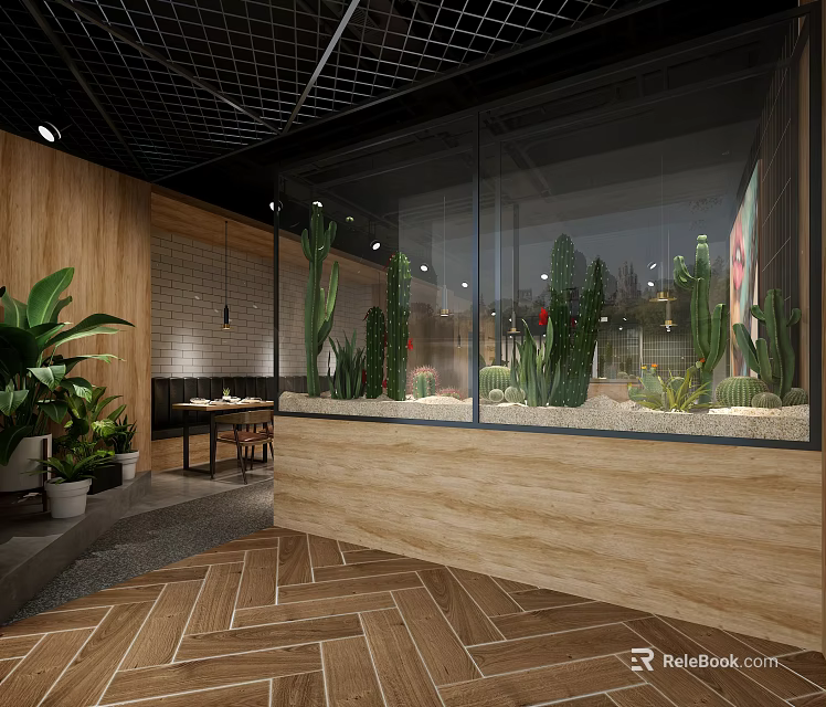 Modern Hotel Lobby Interior With Herringbone Floor Green Plants And Glass Partitions 3d model 