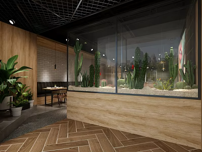 Modern Hotel Lobby Interior With Herringbone Floor Green Plants And Glass Partitions 3d model