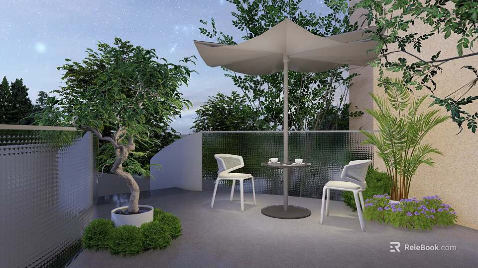 Garden Landscape Design With Terrace Outdoor Umbrella White Chairs And Green Plants 3d model 
