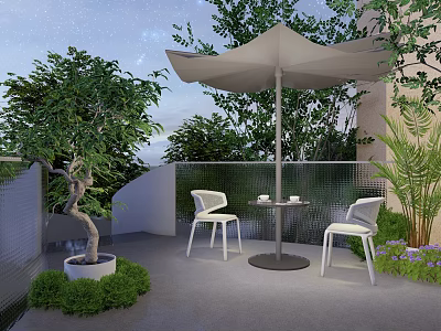 Garden Landscape Design With Terrace Outdoor Umbrella White Chairs And Green Plants 3d model