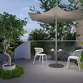 Garden Landscape Design With Terrace Outdoor Umbrella White Chairs And Green Plants