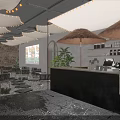 Cozy Café Interior Design With Arched Windows Decorative Lights Green Plants And Wooden Tables