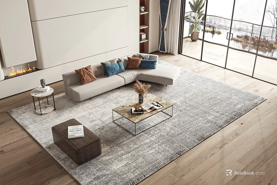 Modern Sofa and Coffee Table Set Featuring Decorative Pillows Area Rug and Side Table 3d model 