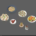 Assorted Delicious Foods Including Noodles Dumplings Strawberries Vegetable Rolls And Dessert On Colorful Plates
