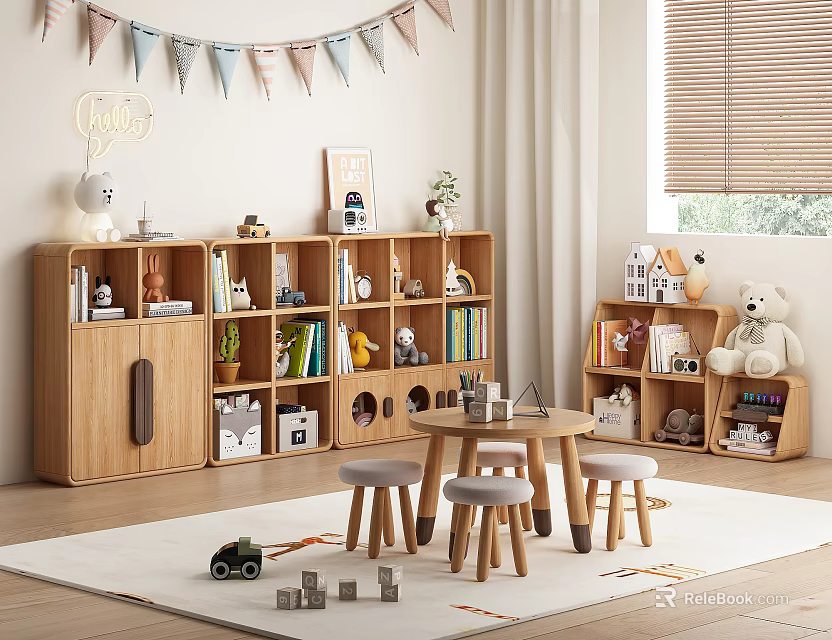 Wooden Kids Bookcase With Books Toys Decorations Table And Stools In Cozy Room 3d model 