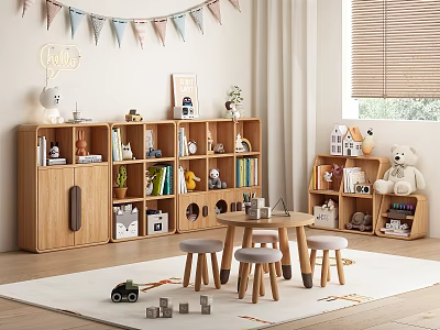 Wooden Kids Bookcase With Books Toys Decorations Table And Stools In Cozy Room 3d model