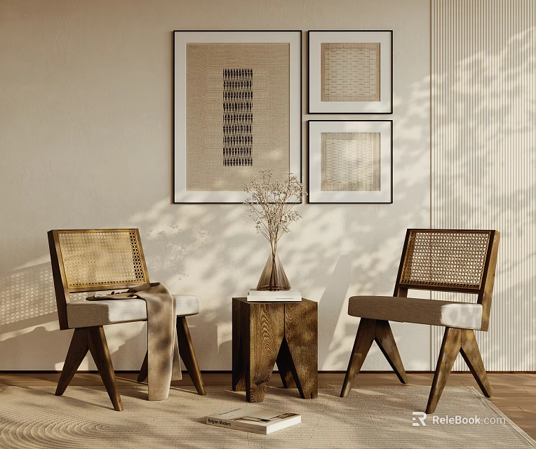 Rattan Leisure Chairs With Wooden Frames Side Table Vase And Decorative Paintings 3d model 