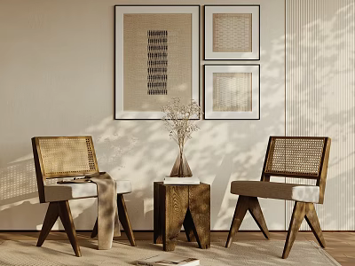 Rattan Leisure Chairs With Wooden Frames Side Table Vase And Decorative Paintings 3d model