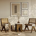 Rattan Leisure Chairs With Wooden Frames Side Table Vase And Decorative Paintings