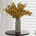 Yellow Flowers Arrangement in White Striped Vase on Round Brown Table with Window Blinds