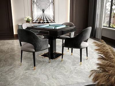 Modern Luxury Entertainment Table with Black Gold Accents Four Chairs Marble Floor and Window 3d model