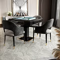 Modern Luxury Entertainment Table with Black Gold Accents Four Chairs Marble Floor and Window