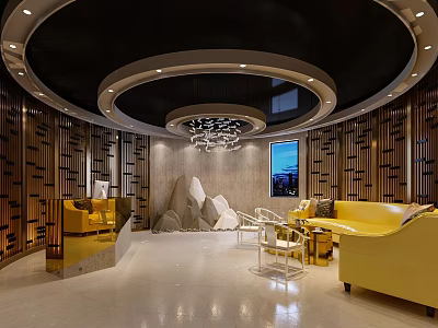 Modern Luxury Front Desk Reception Area With Yellow Sofas Wooden Decor Circular Ceiling And Chandelier 3d model