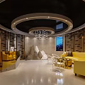 Modern Luxury Front Desk Reception Area With Yellow Sofas Wooden Decor Circular Ceiling And Chandelier