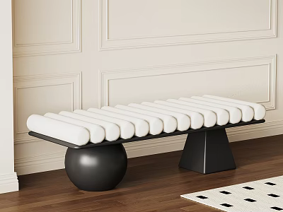 Stylish Modern Accent Stool With White Padded Rolled Seat And Black Spherical Geometric Base 3d model