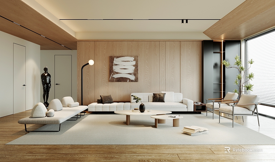 Modern Living Room Interior Design With Wooden Wall Panel Sofa Coffee Table And Artwork 3d model 