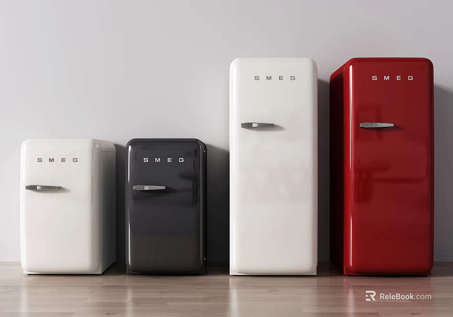 Smeg Retro Refrigerators in White Black and Red on Wooden Floor with White Wall 3d model 