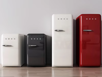 Smeg Retro Refrigerators in White Black and Red on Wooden Floor with White Wall 3d model
