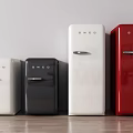 Smeg Retro Refrigerators in White Black and Red on Wooden Floor with White Wall