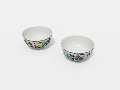 Elegant Porcelain Tableware Set With Two Bowls And Colorful Floral Patterns 3d model